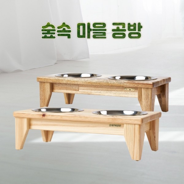 페오펫몰,2구 중형 사각다리 원목 강아지 밥그릇 우드식기(그릇포함)