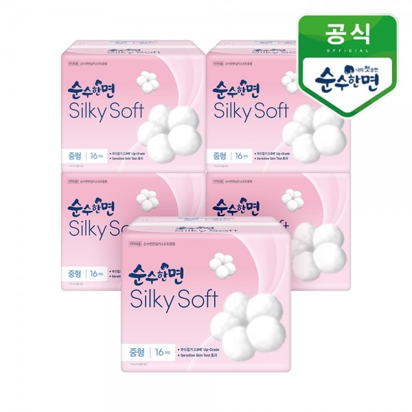 깨끗한나라 순수한면 생리대 실키소프트 중형 16개입 5팩