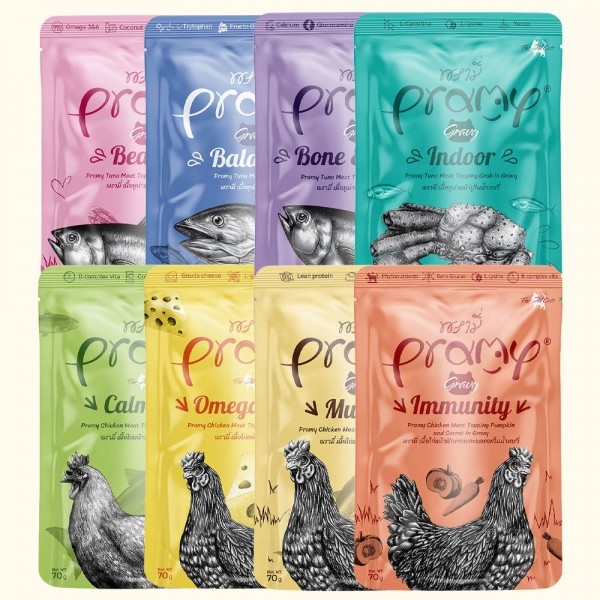 페오펫몰,프라미 습식 파우치 간식 카밍 치킨살몬젤리 70g