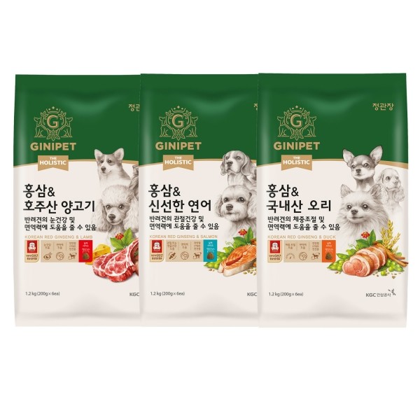 페오펫몰,정관장 지니펫 더홀리스틱 홍삼사료 1.2kg 3종 택 1 (연어/오리/양고기)
