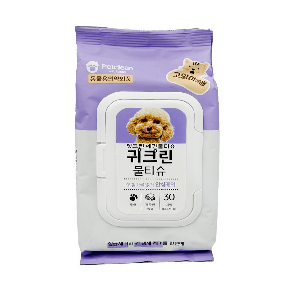 [펫크린애견물티슈] 강아지 고양이 겸용 귀크린 물티슈 30매,1개