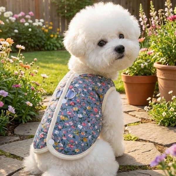 페오펫몰,하네스 필요없는 강아지 누빔 조끼 강아지 패딩 조끼 하네스 일체형 퀼팅 겨울 옷 누빔 산책용 꽃무늬 소형견 중형견
