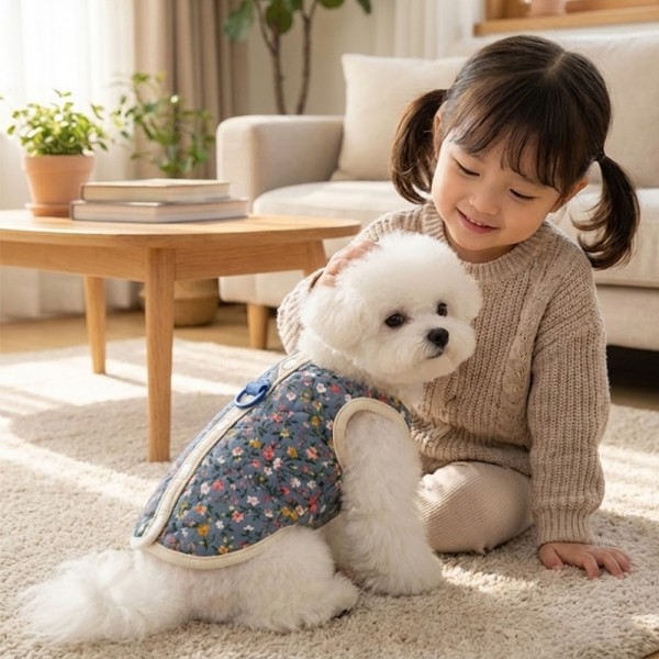 페오펫몰,하네스 필요없는 강아지 누빔 조끼 강아지 패딩 조끼 하네스 일체형 퀼팅 겨울 옷 누빔 산책용 꽃무늬 소형견 중형견