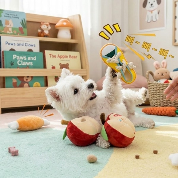 페오펫몰,우리 아이 스트레스 ZERO! 인기 장난감 4종 패키지 (사과/당근/갈비/신발)