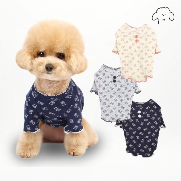 그루밍독 반려동물 강아지옷 귀요미 곰패턴 물결 티셔츠 S-2XL, 3colors