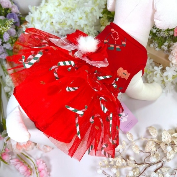 페오펫몰,플로피이얼스,크리스마스 레드켄디 강아지드레스,애견원피스