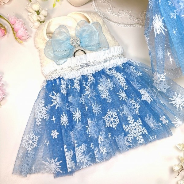 페오펫몰,눈꽃 후리스 강아지겨울드레스,강아지원피스 강아지옷